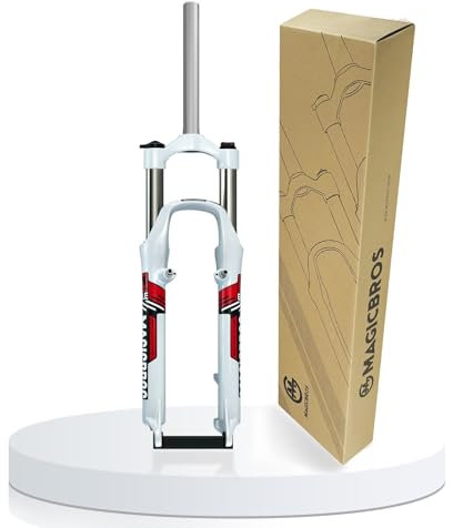 HZXQCVB Fourche VTT 26 Pouces Voyage 100mm Fourche À Suspension Mécanique Tube Droit 1-1/8'' Contrôle Manuel Frein À Disque/V Blocage Rapide 9mm Fourche De Vélo(26in White,Red)