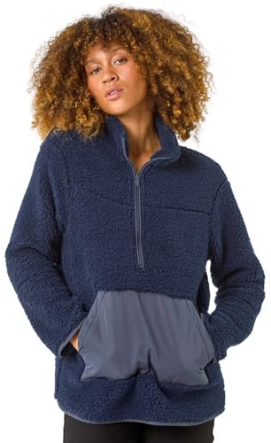 Roman Funnel Neck Half Zip Fleece Jacket for Women UK - Ladies Autumn Everyday Winter Holiday Long Sleeve Soft Pouch Pocket Comfy Fluffy Coat Office Desk Pullovers - Midnight Blue - Size 10