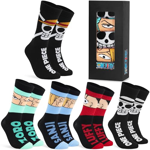 One Piece Socks for Men & Teens, 5 Pack Calf Length Luffy Funny Socks, Soft Breathable Work Sports Casual, Anime Gifts for Men
