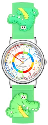Alienwork Kids Lernuhr Kinderuhr Jungen Mädchen Silber Kautschuk-Armband Grün Mehrfarbig Kinder-Uhr Wasserdicht 5 ATM Zeit Lernen