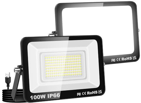 Willpower 2PCS Foco LED Exterior Interior Proyector LED 100W 10,000LM Focos de Luz 6000K Blanco Frío IP66 Luz de Inundación Iluminación para Garaje Patio Jardín Terraza Parque Trabajo, con Enchufe