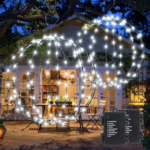 iBaycon Outdoor Christmas Lights Battery Operated,Hanging Ball Lights Cold White with Flash Beads,Foldable Sphere Timer Waterproof Decorations LED Fairy Lights,Garden Party House (33cm+28cm,2 Pack)