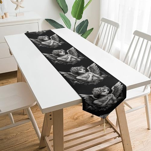 Engel-Tischläufer, Hochformat, Frühling, waschbar, extralang, rustikaler Tischläufer für Bauernhaus, Boho, Couchtisch, saisonaler Sommer, Küche, Esstisch, Dekoration für Zuhause, Party, 200 x 33 cm