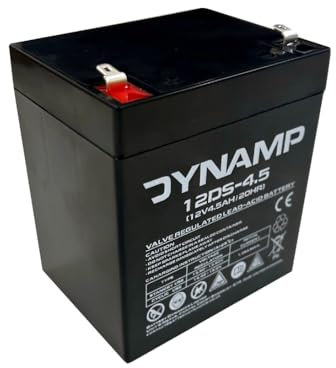 Dynamp 12DS-4.5 12V 4.5Ah VRLA AGM Sealed Lead Acid Rechargeable Battery – Burglar Alarm Systems, Emergency Lights, Wheelchairs & Mobility Equipment 90 x 70 x 102mm, Faston Terminals