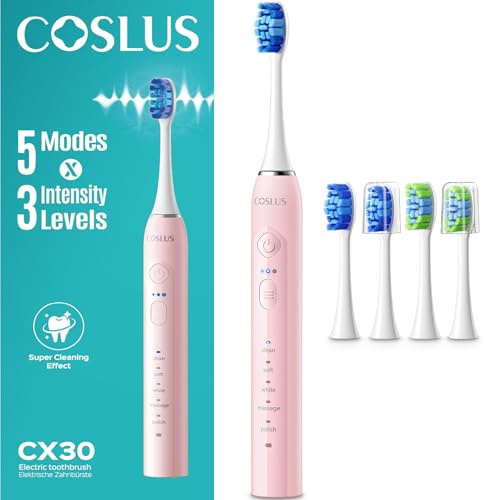 COSLUS C30 Electric Toothbrush for Adults, Effective Yet Gentle Ultra-Clean | 3 Intensities & 5 Modes, 2 Types Soft or Medium Firm Heads, Daily Care, Compact for Travel Use, Pink & Pink Button, 1PC