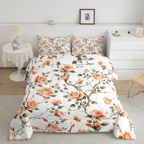 Homemissing Groovy Blume Bettdecke 135x200cm Retro Blumen Steppbett Weiß Orange 4-Jahreszeiten Bettdecke Zimmer Dekor für Jungen Mädchen Teenager atmungsaktive weiche Steppdecke