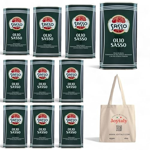 Sasso Olio di Oliva, Set 10 Lattine da 1L, Prodotto Italiano, con Borsa Shopper JOYTALY