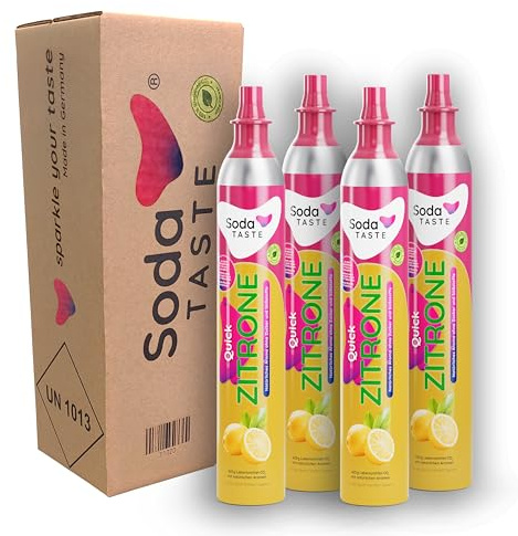 SodaTASTE Quick Zitrone CO2-Zylinder kaufen 4er-Pack (Reservezylinder) für Wassersprudler mit Quick Connect System mit natürlichem Zitronenaroma ohne Sirup, zuckerfrei