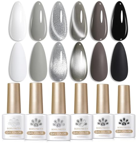 BORN PRETTY Gel Nail Polish Set 6 Colors White Black Gel Polish Neutral Grey Glitter Cat Magnetic Eye Effect Soak Off U V LED Manicure DIY Salon for Women