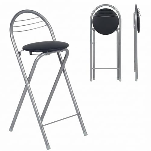 1 Stück Barhocker Klappbar mit Lehne, Schwarz Kunstleder/Sitzhöhe 61CM | Klapphocker Faltbar Barstühle Bar Hocker Klappbar Holz Stuhl Klappstuhl für Indoor Outdoor Küche Bars Bistro Camping