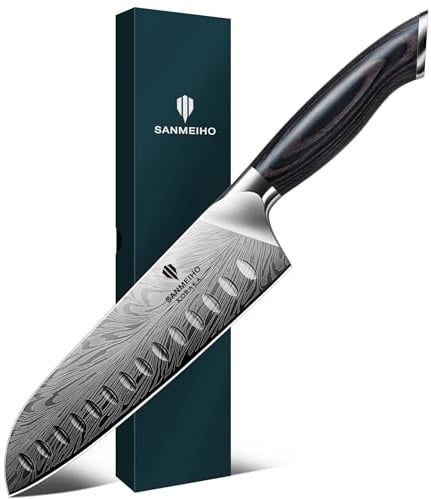 SANMEIHO Santokumesser Japanisch 18cm Pulverstahl, Kochmesser Küchenmesser | Profi Allzweckmesser Hoher Kohlenstoffgehalt Ultrascharf, Ergonomischer Pakkaholz-Griff