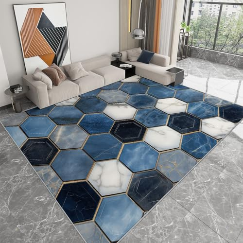 Teppich für Jungen, Mädchen und Jugendzimmer 120 x 170 cm Modern Wabenmuster Netz Stein, Großer Kurzflor Teppich Weich rutschfest und Waschbar – Bettvorleger für Schlafzimmer Kinderzimmer, Dunkelblau