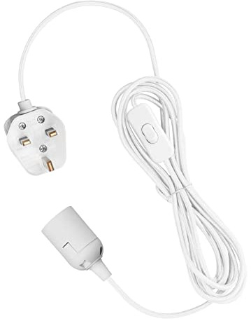 Teynewer Pendant Light Fitting Kit, E27 Lamp Holder with Switch & UK Plug, 2 Core Braided Textile Cable for DIY Hanging Ceiling Lighting Fitting Kit (White, 3m)