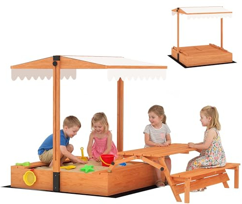 AIYAPLAY Sandkasten mit Dach 184 x 110 x 120 cm Sandkiste aus Holz mit klappbarem veränderbarem Picknicktisch Sitzbänken Bodenplane Sandbox mit Abdeckung für 6 Kinder von 3-8 Jahren Braun