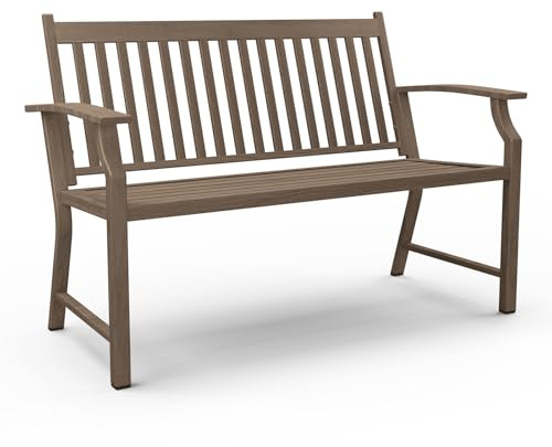 Amopatio Gartenbank mit Lehne, Sitzbank wetterfest Metall Holzimitat, 3-Sitzer, stabile Stahlkonstruktion bis 240 kg belastbar, UV-beständig, 128x62x90cm, für Balkon, Park, Garten | Grau