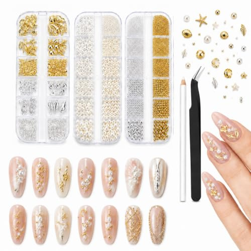 3D Nail Charms, 3 Boxes Gold Silver Nail Stuff, Flatback Pearls White Beige | Half Round Silver And Gold Nail Charms,Beach Nail Art Charms, Metal Nail Beads, 3D Metallic Nails Art Studs