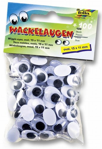 folia 751511 - Wackelaugen mit beweglicher Pupille, weiß, oval ca. 15 x 11 mm, 100 Stück - ideal für das Basteln von Figuren und Tieren