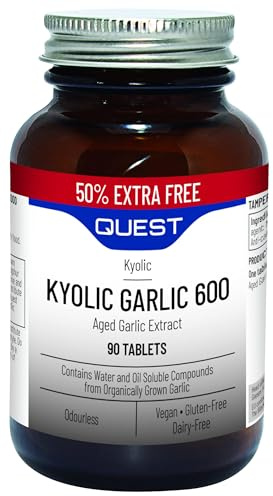 Quest - 90x Kyolic Garlic Tablets. High Strength 600mg Odourless Aged Garlic Extract for Heart, Immune, Digestive & Cognitive Health. Daily Dietary Supplement. Vegan & Gluten-Free (Pack of 1)