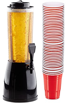 Relaxdays 51 teiliges Bierset, Biersäule 2,5 Liter, mit Zapfhahn, 50er Pack Getränkebecher rot, Party Cups für Beer Pong