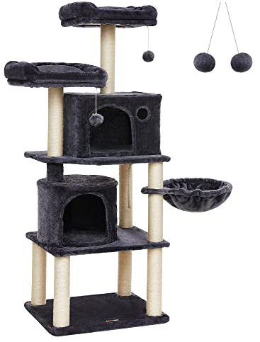 Feandrea Kratzbaum, Stabiler Katzenbaum, mit Sisal-Kratzstangen, Plüsch-Sitzmulden, einem Korb und 2 Häuschen, Kletterbaum für Katzen, PCT90G