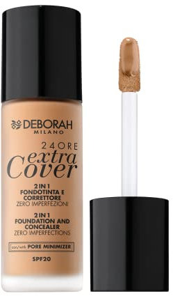 Deborah Fondotinta 24ORE Extra Cover N.05 Amber SPF20, ad Altissima Coprenza e Lunga Tenuta, applicatore di precisione per uso correttore