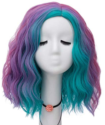 NiceLisa Frauen 16 Zoll Blau Lila Regenbogen Bunte Lockige Welle Mode Party Cosplay Perücke