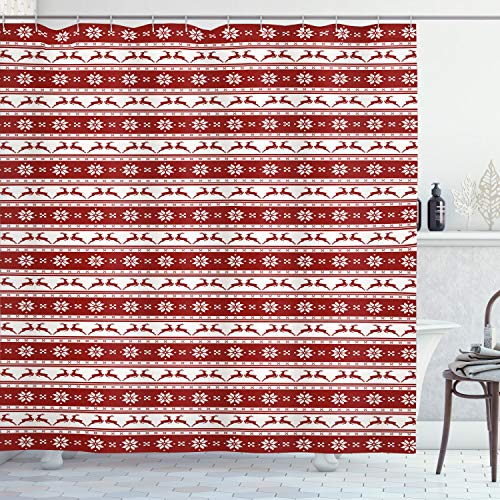 ABAKUHAUS Natale Tenda da Doccia, Cervi di inverno del fiocco di neve, Tessuto Set di Decorazioni per il Bagno con Ganci, per la vasca da bagno, 175 cm x 200 cm, rubino Bianco