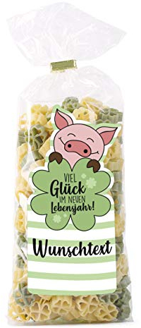 Herz & Heim® Glück-Nudeln zum Geburtstag in Kleeblatt-Form mit Wunschtext im Etikett