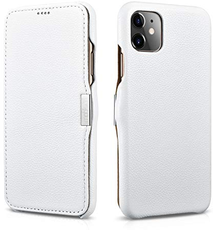 Mobiskin case compatible with Apple iPhone 11 (6.1 inch), cover with genuine leather, book-style protective phone case, ultra-slim folio, thin wallet, white