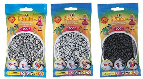 Hama Happy Price Toys (Kon-24) Midi Bügelperlen Konvulut 3 Farben (Grau 17,Hellgrau 70,Dunkelgrau 71) +Bügelanleitung mit 3 Design Vorlagen