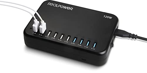 RealPower PowerStation 120 (120W 10-Port USB Ladegerät) kompatibel mit iPhone, iPad, Samsung Galaxy, Nexus, HTC, LG Handy und Tablet (Schwarz)