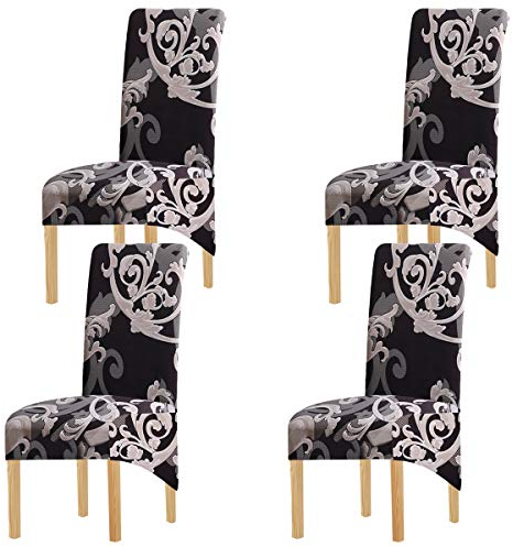 KELUINA Druck Stoff Stretch XL Stuhlhussen für Esszimmerstühle, 2/4/6 Stück Elastic Large Chair Schonbezug für Esszimmer Hochzeit Bankett Party Dekoration (Schwarz-1,4 Pack)