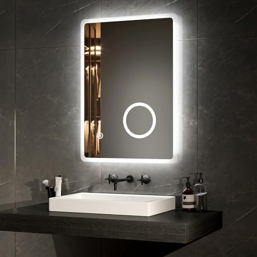 EMKE 500 × 700 mm Bathroom Mirror with Lights, 3× Magnifier, Anti-Fog | Touch-controlled LED lighting with a built-in 3× magnifying mirror and shaver socket.
