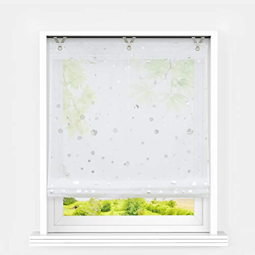 Heichkell Raffrollo mit Ösen Voile Moderne Raffgardine ohne Bohren Kleinfenster Gardine Küche Glänzende Kreise-Dekomuster Weiß BxH 45x130 cm