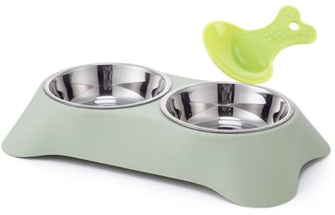 Double Dog Bowl,Non Slip Non-spill Stainless Steel Double Bowl with 1 Pet Food Spoop For Small Dogs and Cats (Green, M)