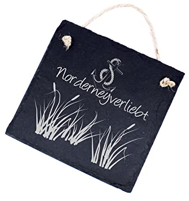 Schild Norderneyverliebt - aus Schiefer - 11 x 11 cm - Anker Schilf Motiv
