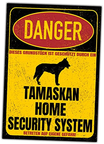 Tamaskan Schild Danger Security System Türschild Hundeschild Warnschild Hund Vorsicht Husky Wolf Dog Sicherheitsschild Hund Privatgrundstück Hundewarnung Warnung vor dem Hund