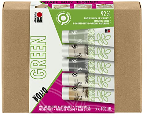 Marabu 1450000000081 - GREEN LINE Alkyd-Farbe Set Boho, 5x 100 ml auf Wasserbasis, klimaneutral, matt, lichtecht, wetterfest (nach 24h Durchtrocknung), 92 % aus natürlichen Rohstoffen