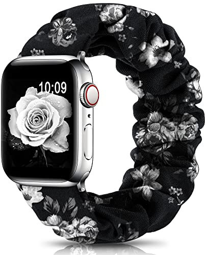 DigiHero Compatible avec les bracelets de montre Apple Chouchou 38 mm, 40 mm, 41 mm, 42 mm, bracelets élastiques doux imprimés pour femme compatibles avec iWatch Series 8/7/6/5/4/3/2/SE, fleur A