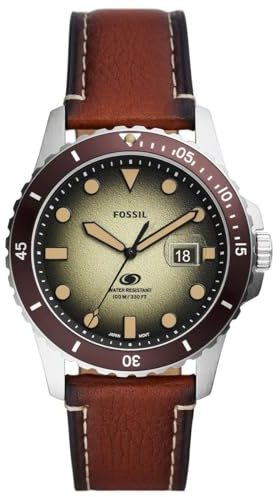 Fossil Blue Uhr für Herren, Quarzwerk mit Edelstahl- oder Lederarmband, Hellbraun, 42MM