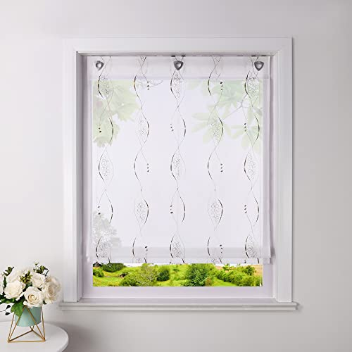 Heichkell Raffrollo ohne Bohren Voile Raffgardine mit Ösen Transparenter Vorhang mit Hakenaufhängung Ösenrollo mit Moderner Stickerei Braun BxH 100x140cm