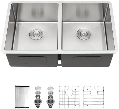 Lofeyo - Fregadero de cocina de acero inoxidable 33 x 19 pulgadas, calibre 16, esquina redonda, doble cuenco 50/50, fregadero de montaje inferior con división 50/50