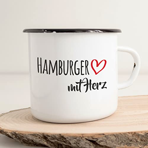 Huuraa Emaille Tasse Hamburger mit Herz Geschenk 300ml Vintage Emaille Becher Hamburger Geschenkidee