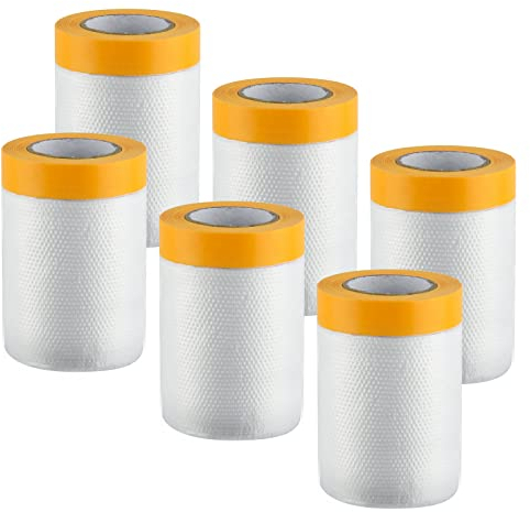 6 Rollen Maler Abdeckfolie mit Klebeband,55cm x 20M Abklebeband mit Folie Malerfolie mit Klebeband mit Folie Malerkrepp mit Folie Abklebeband Abroller für Fahrzeug Haus Sofa Kleiderschrank Staubdicht