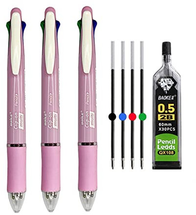 MROOFUL Stylo à bille 5 en 1 - Pointe moyenne 1,0 mm - Multicolore - Porte-mine 0,5 mm - 4 couleurs - Stylo multifonction - Lot de 3 stylos à bille rétractables (rose)