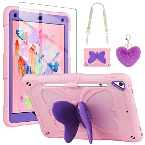 Vunake for iPad 6th 5th Generation Case iPad Air 2 Case with Screen Protector Kickstand Lanyard Keychain for Kids Girls Shockproof Protective Tablet Case for iPad 9.7 inch 2018 2017,Pink Butterfly
