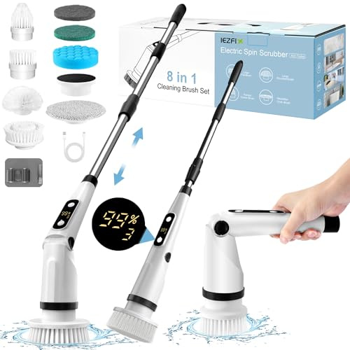 IEZFIX Cepillo de Limpieza eléctrico Giratorio, Cepillo de Limpieza para bañera/Azulejos/Suelo/Inodoro/Cocina, 8 Cabezales de Cepillo Limpiador, 3 velocidades 450 RPM máximo, Barra telescópica, Color
