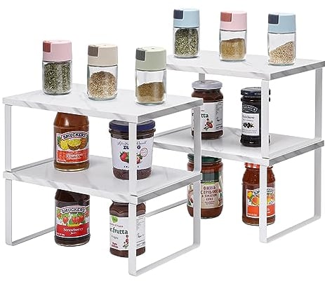 Nandae Juego de 4 Organizador Cocina Estanteria Cocina, Organizador Armarios Cocina Apilable para Encimera, Gabinete, Estantes de Almacenamiento para Alimentos y Cubiertos (patrón Blanco)