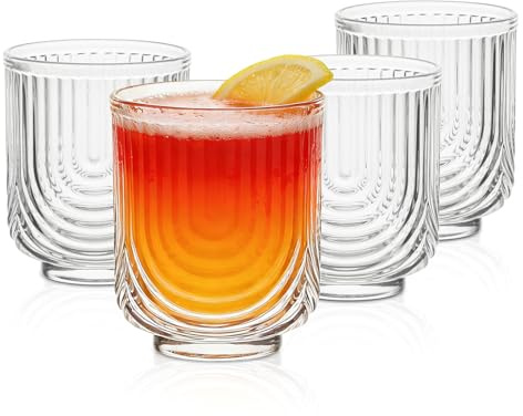 INSETLAN Vintage Art Deco Longdrinkgläser | 4er Set | Cocktailgläser, Geriffelte Gläser, Eiskaffee Gläser mit Strohhalm, Wassergläser, für Cocktailgläser, Mojito, Whiskey