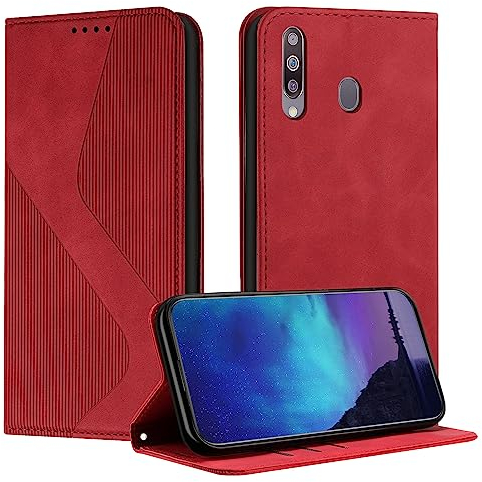 Fatcatparadise Kompatibel mit Samsung Galaxy A20S Hülle, Handyhülle für Samsung A20S, PU Leder Flip Klappbare Wallet Magnet Case Handytasche Klapphülle Schutzhülle für Samsung A20S Hülle (Rot)
